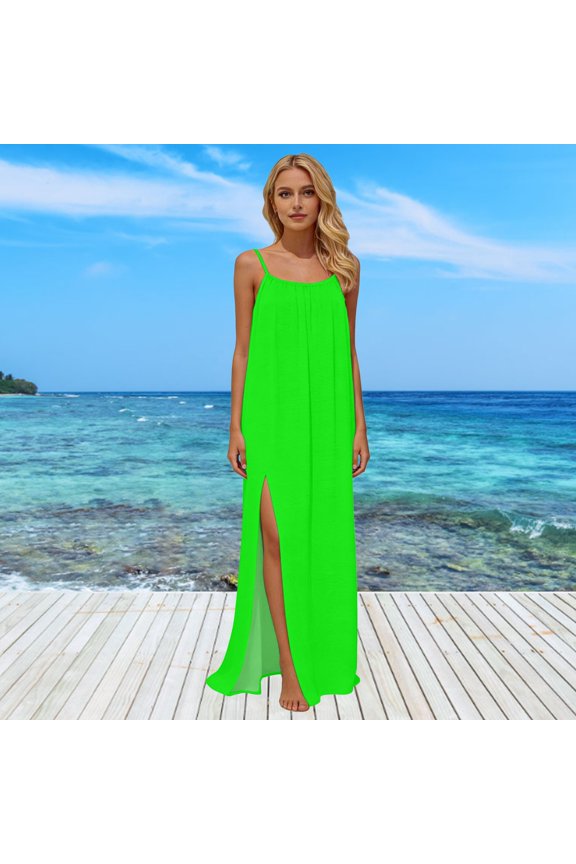 Women's Solid Color Sleeveless Dress, Thin Strap Backless Dress with Side Slit, Loose Casual Beach Dress for Vacation, Summer and Photo Shoots Green L