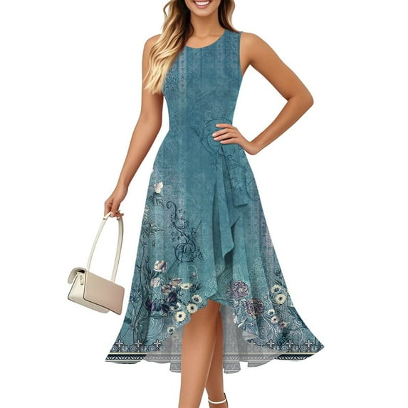 Women's Solid Color Sleeveless Gown Round Neck Elegant Ruffle Trim Evening Dress with Side Slits and Hidden Zipper for Galas,Light Blue XL