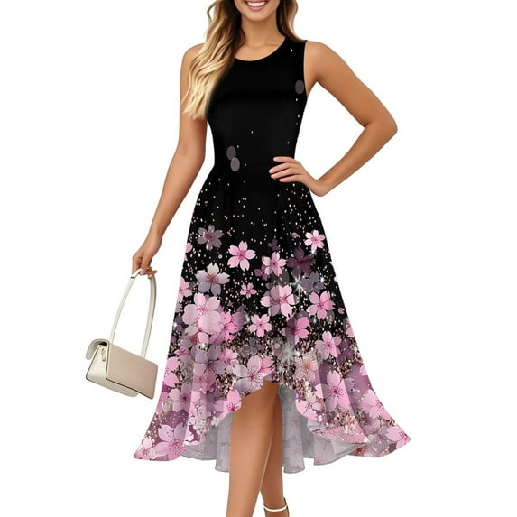 Women's Solid Color Sleeveless Gown Round Neck Elegant Ruffle Trim Evening Dress with Side Slits and Hidden Zipper for Galas,Pink L