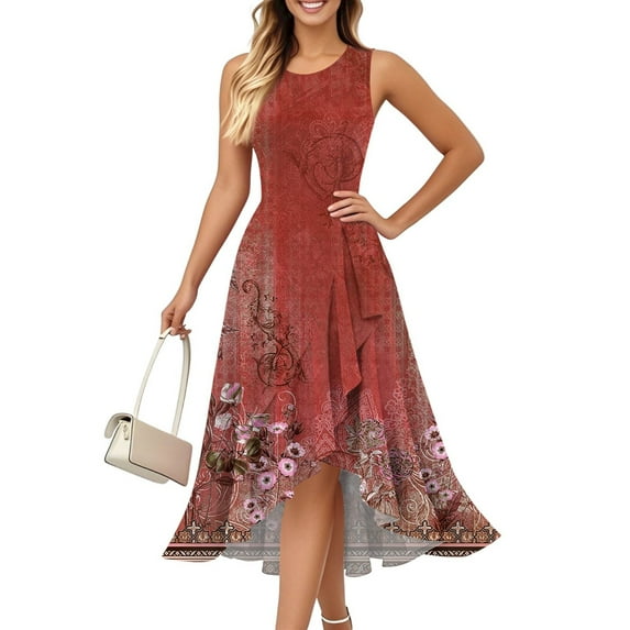 Women's Solid Color Sleeveless Gown Round Neck Elegant Ruffle Trim Evening Dress with Side Slits and Hidden Zipper for Galas,Wine XL