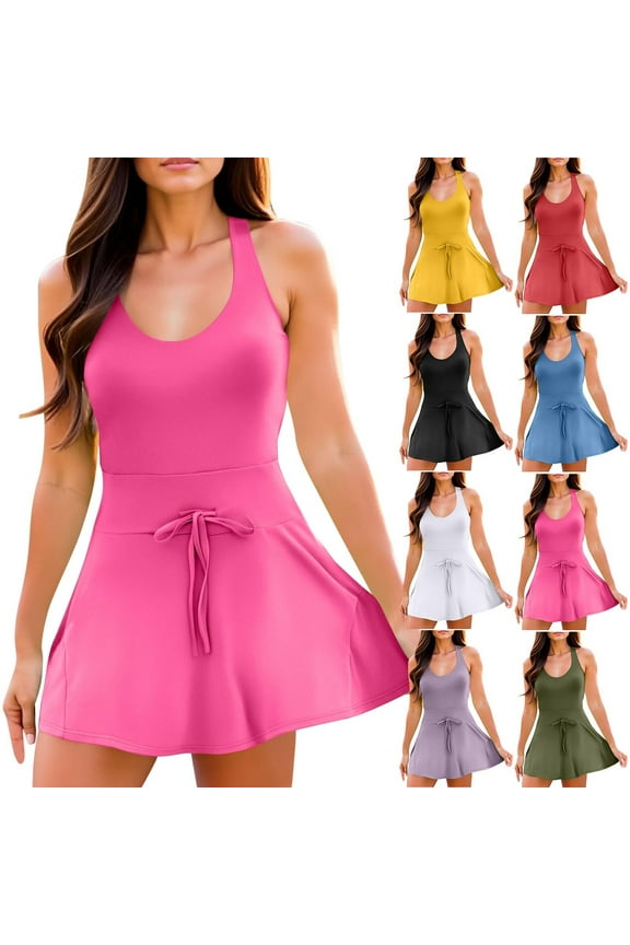 Women's Solid Color Sleeveless Romper Dress with Built in Shorts for Tennis Golf Workout Summer Active Athletic Casual Wear | Aestivo,Red XL