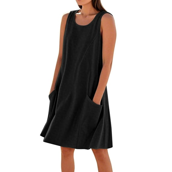 Women's Solid Color Sleeveless Tank Dress Casual Beach Sundress with Front Ruffle Trim and Hidden Pockets for Daily Wear,Black L