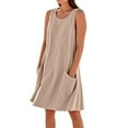 thumbnail image 1 of Women's Solid Color Sleeveless Tank Dress Casual Beach Sundress with Front Ruffle Trim and Hidden Pockets for Daily Wear,Khaki S, 1 of 5