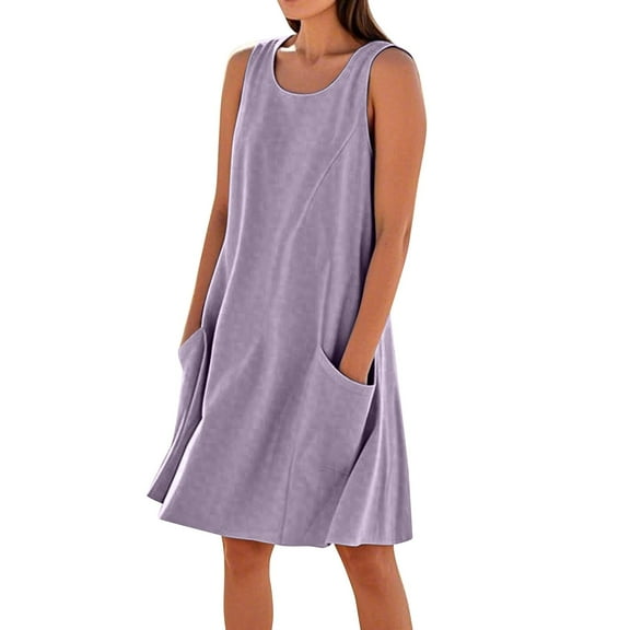 Women's Solid Color Sleeveless Tank Dress Casual Beach Sundress with Front Ruffle Trim and Hidden Pockets for Daily Wear,Light Purple S