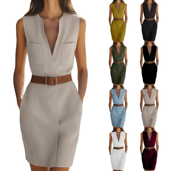 Women's Solid Color Sleeveless V‑Neck Bodycon Mini Dress Elegant Business Casual Work Dress with Belt Khaki XL(XL)