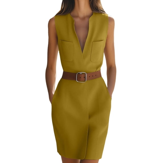 Women's Solid Color Sleeveless V‑Neck Bodycon Mini Dress Elegant Business Casual Work Dress with Belt Yellow XXL(XXL)