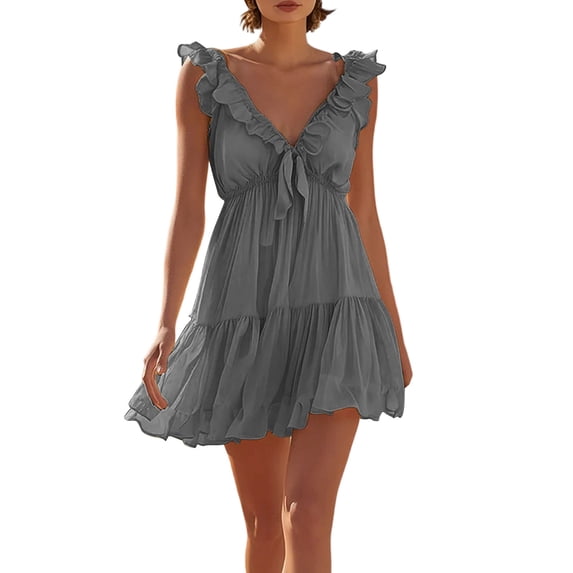 Women's Solid Color Sleeveless V Neck Mini Dress Ruffle Petal Sleeve Tiered Summer Dress Dark Gray XXL(XXL)