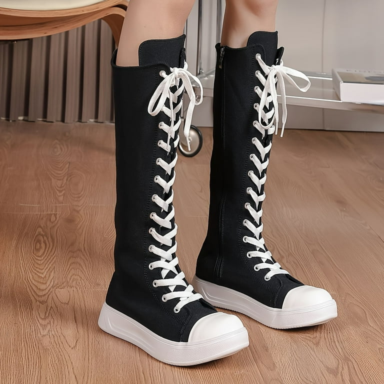 Women s Solid Color Slim Boots Side Zipper Casual Platform Lace Up Boots Versatile Soft Sole Knee High Boots Walmart