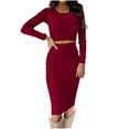 thumbnail image 1 of Women's Solid Color Slim-Fit Outfits Suits 2 Piece O-Neck Long Sleeve Crop Tops High Waist Skirts Sets, 1 of 5