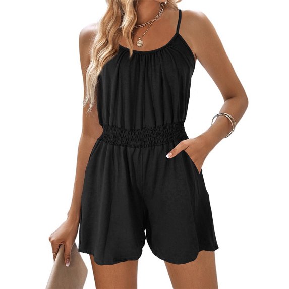 Women's Solid Color Sling Elastic Waist Pockets Short Jumpsuit Romper Overalls Casual Lounge Wear Beach Vacation Travel Essentials for Women | Aestivo,Black L