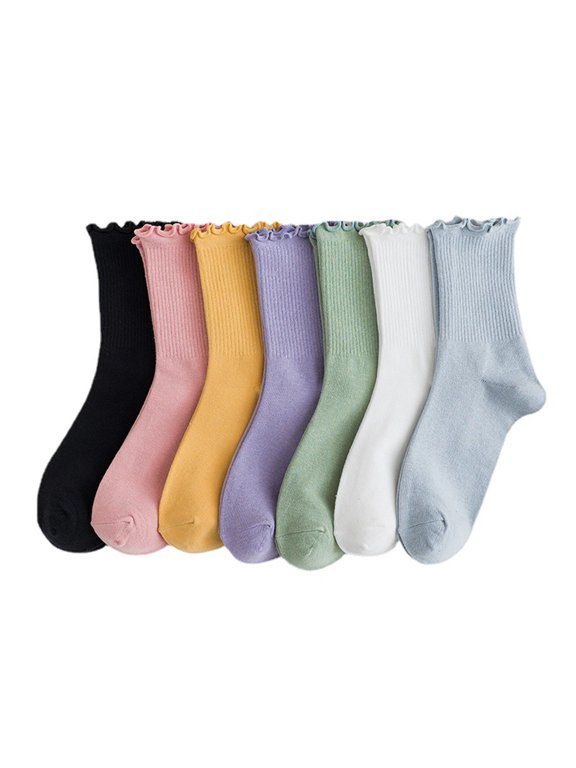 Women's Solid Color Socks with Lace , , Women's Stacked Socks , Casual Socks for Women , Size One Size , 7 Pairs