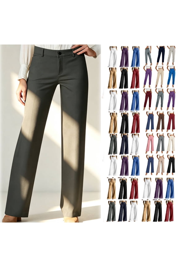 Women's Solid Color Soft Stretch Straight Leg Long Pants, Button Fly Zipper Back Elastic Waist, Pull On Design Tummy Control Flattering Fit, For Office Daily Wear | TruHer,White L