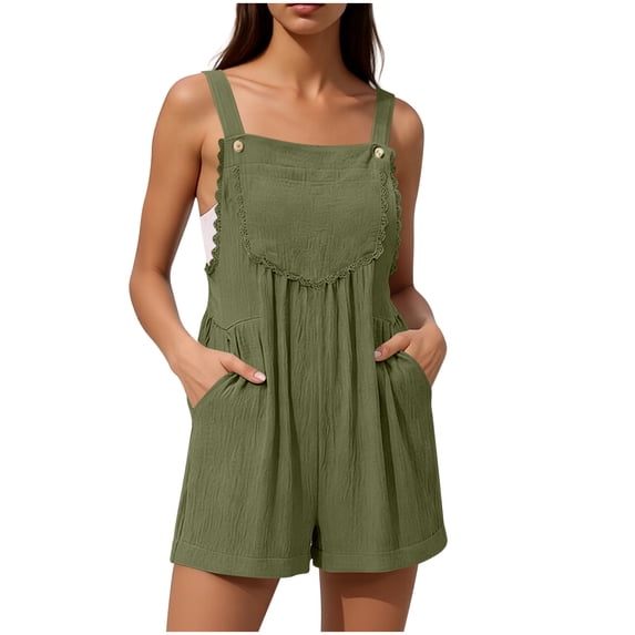 Women's Solid Color Spaghetti Strap Romper Lace Insert Pockets Casual Summer Jumpsuit Shorts Army Green