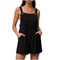 thumbnail image 1 of Women's Solid Color Spaghetti Strap Romper Lace Insert Pockets Casual Summer Jumpsuit Shorts Black, 1 of 7