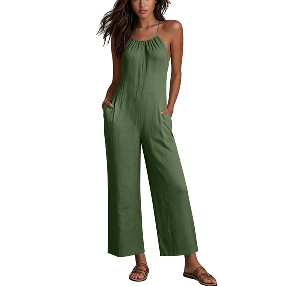 Women's Solid‑Color Spaghetti Strap Wide‑Leg Jumpsuit Front Tie V‑Neck Back Zipper Loose‑Fit One‑Piece Pants with Side Pockets Army Green S(S)