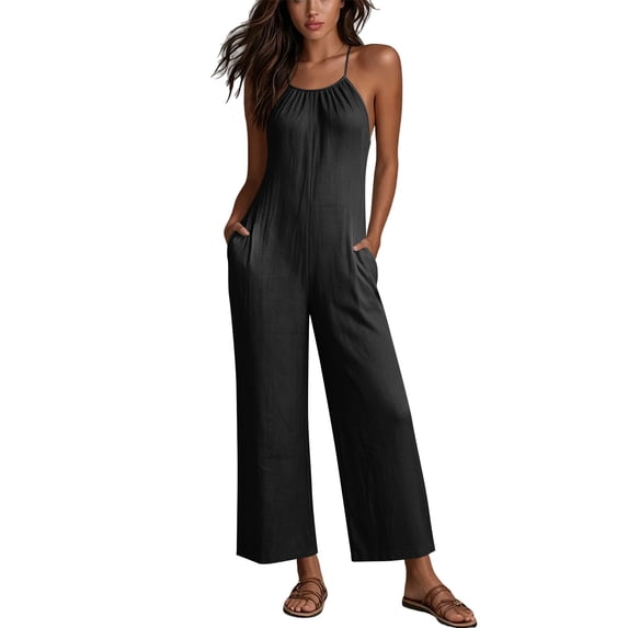 Women's Solid‑Color Spaghetti Strap Wide‑Leg Jumpsuit Front Tie V‑Neck Back Zipper Loose‑Fit One‑Piece Pants with Side Pockets Black XXL(XXL)