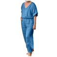 thumbnail image 1 of Women's Solid Color Sportswear Set Casual V Neck Linen Blend Outfit Spring Summer Comfortable Lightweight Trousers Suit, 1 of 2
