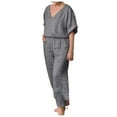 thumbnail image 1 of Women's Solid Color Sportswear Set Casual V Neck Linen Blend Outfit Spring Summer Comfortable Lightweight Trousers Suit, 1 of 2