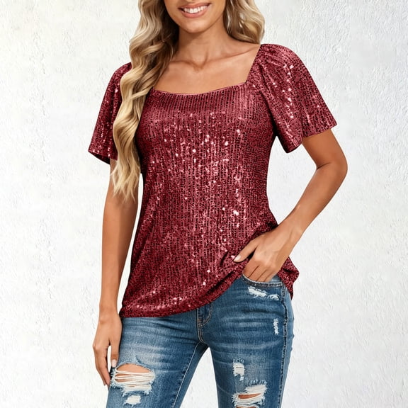 Women's Solid Color Square Neck Blouse, Short Sleeve Sequin Bubble Sleeve Top, Fashion Versatile Shirt, Party Ready Glamorous Wear, Elegant Casual Chic Blouse Wine XL