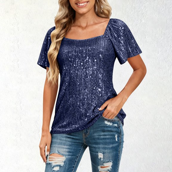 Women's Solid Color Square Neck Blouse, Short Sleeve Sequin Bubble Sleeve Top, Fashion Versatile Shirt, Party Ready Glamorous Wear, Elegant Casual Chic Blouse Navy L