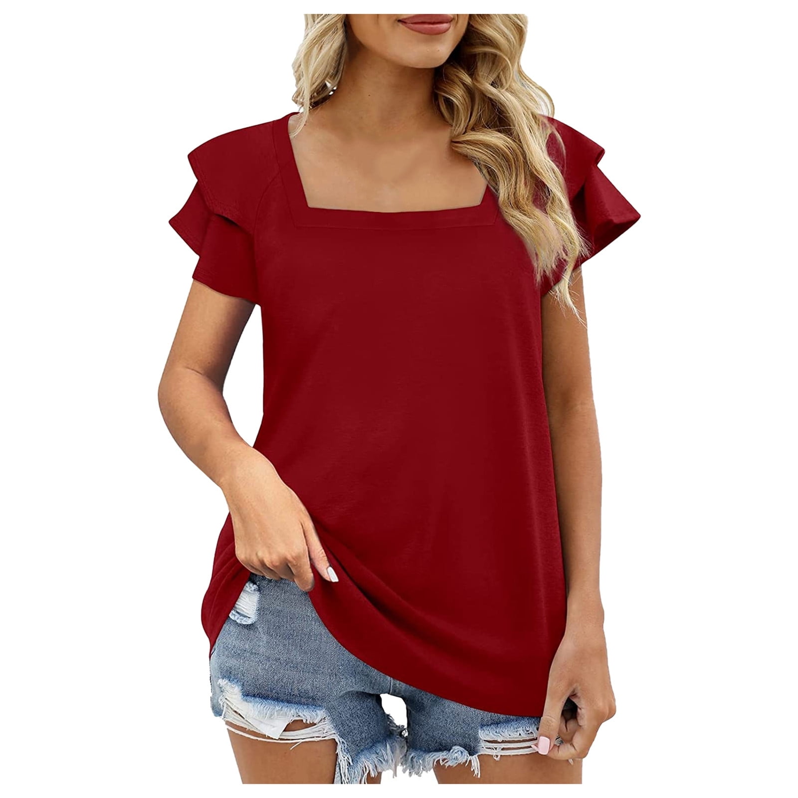 Women's Solid Color Square Neck Double Layer Ruffle Sleeve Relaxed Fit ...