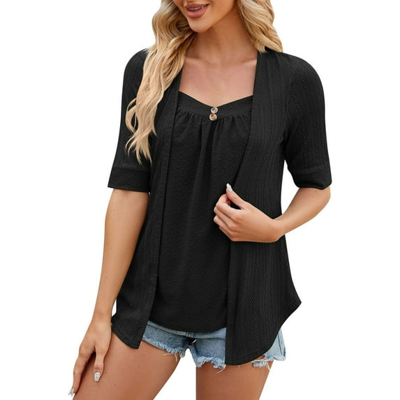Women's Solid Color Square Patchwork Button Mid Sleeve T Shirt Mod Bod Tops Womens V Neck Women Tee Casual Women Summer Compression Shirts Women Long Sleeve T Shirt for Women Casual Summer Tops Women