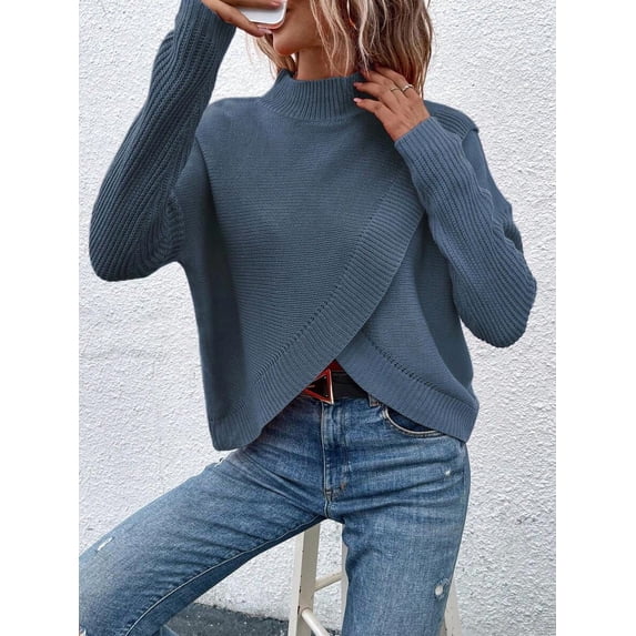 Women's Solid Color Stand Collar Long Sleeve Asymmetric Hem Casual Pullover Sweater, Autumn/Winter