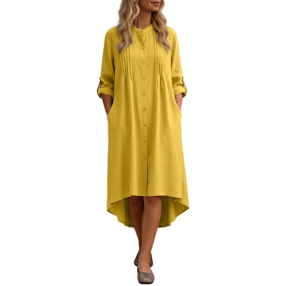Women's Solid Color Stand Collar Long Sleeve Loose Shirt Dress Yellow XXXL