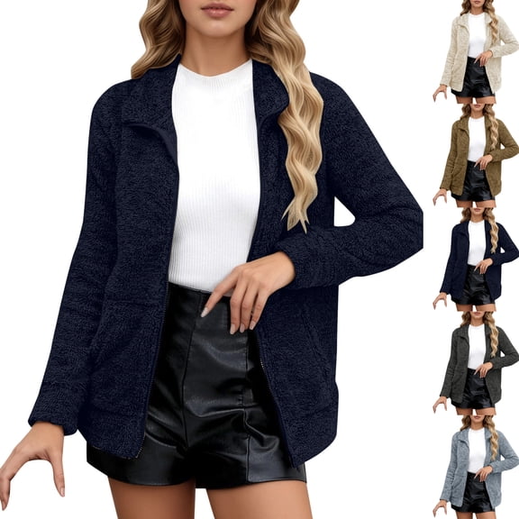 Women's Solid Color Stand Collar Long Sleeve Zipper Fleece Jacket for Outdoor Activities, Winter Comfort, and Festive Occasions,Black,XL