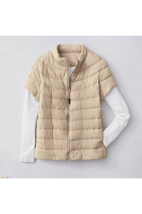 Women's Solid Color Stand Up Collar Puffer Jacket Winter Coat Lightweight Quilted Outerwear Casual Daily Wear Travel Fashion Essential Gift for Women | CSEONE,Khaki XL