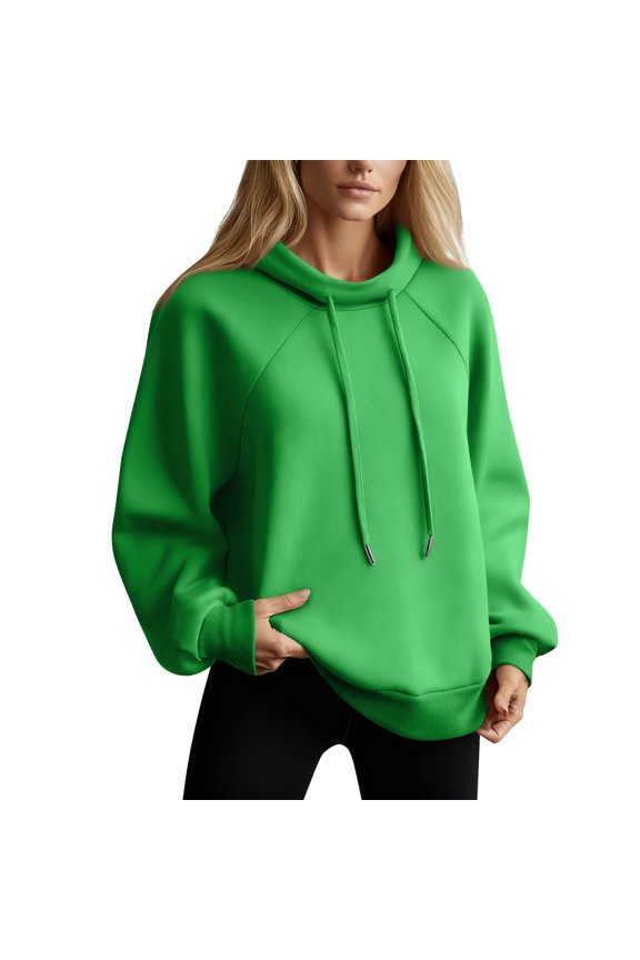 Women's Solid Color Stand Collar Sweatshirt, Oversized Turtleneck with Drawstring, Pullover Long Sleeve Top for Everyday Casual Wear, Comfortable and Versatile,Army Green,S