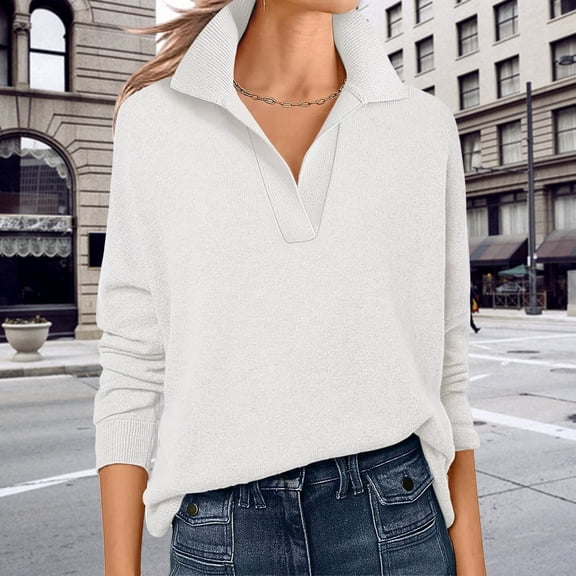Women's Solid Color Stand Collar V-Neck Long Sleeve T-Shirt, Wool Blend Soft Blouse, Loose Fit Casual Top, Comfortable Fall Wear, Relaxed Everyday Fashion Tee White L