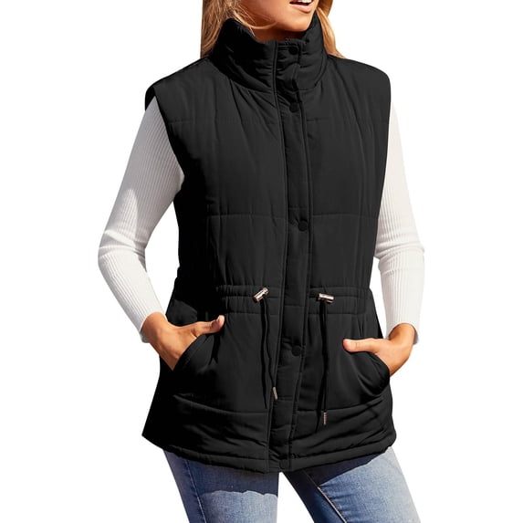 Women's Solid Color Stand Collar Vest, Sleeveless Puffer Jacket, Adjustable Drawstring Waist Zip Front Coat, Casual Lightweight Top, Fall Layer Black S