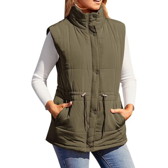 Women's Solid Color Stand Collar Vest, Sleeveless Puffer Jacket, Adjustable Drawstring Waist Zip Front Coat, Casual Lightweight Top, Fall Layer JN L
