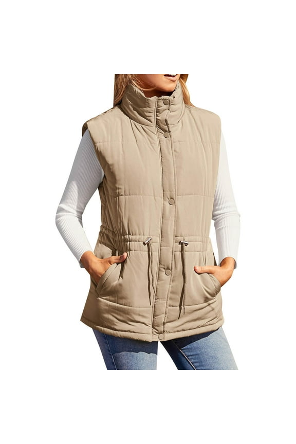 Women's Solid Color Stand Collar Vest, Sleeveless Puffer Jacket, Adjustable Drawstring Waist Zip Front Coat, Casual Lightweight Top, Fall Layer Khaki L
