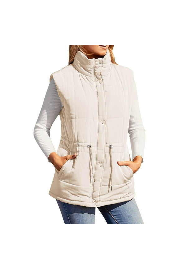 Women's Solid Color Stand Collar Vest, Sleeveless Puffer Jacket, Adjustable Drawstring Waist Zip Front Coat, Casual Lightweight Top, Fall Layer White L