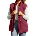 thumbnail image 1 of Women's Solid Color Stand Collar Vest, Sleeveless Puffer Jacket, Adjustable Drawstring Waist Zip Front Coat, Casual Lightweight Top, Fall Layer Wine M, 1 of 2