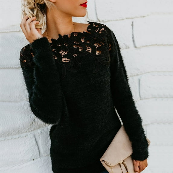 Women's Solid Color Stitching Lace Hollow Pattern Long-sleeved Thin Top Sweater