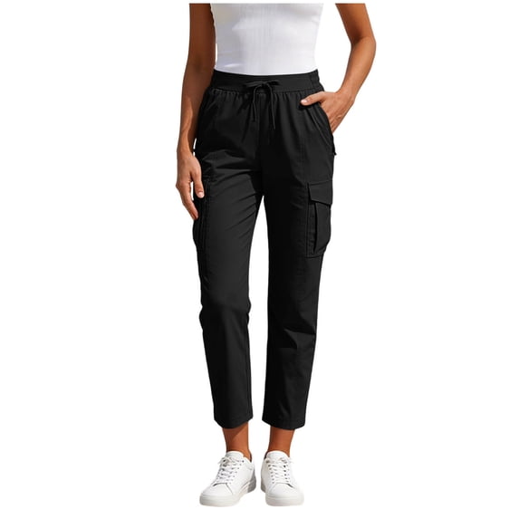 Women's Solid Color Straight Leg Cargo Pants Loose Fit 7/8 Length Casual Utility Bottoms with Zipped Pockets Black