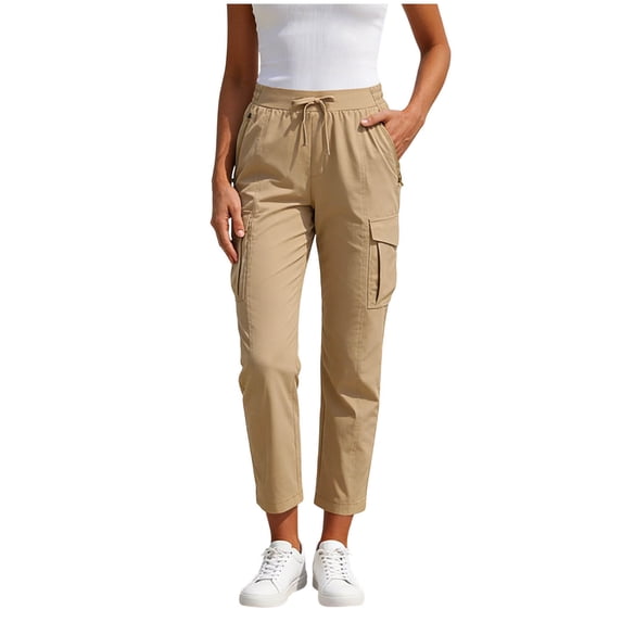 Women's Solid Color Straight Leg Cargo Pants Loose Fit 7/8 Length Casual Utility Bottoms with Zipped Pockets Khaki
