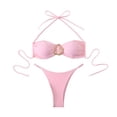 thumbnail image 1 of Women's Solid Color Strap Bikini Sets Ring Tie Back Two Piece Swimsuit High Cut Cheeky Bathing Suits with Drawstring Pink, 1 of 3