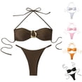 thumbnail image 1 of Women's Solid Color Strap Bikini Sets Ring Tie Back Two Piece Swimsuit High Cut Cheeky Bathing Suits with Drawstring White, 1 of 3