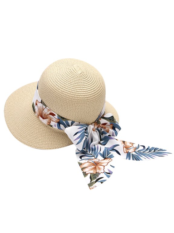 Women's Solid Color Straw Sun Hat Wide Brim Floppy UPF 50+ Packable Beach Cap Summer