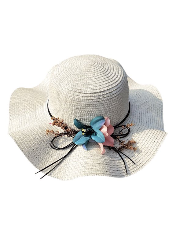 Women's Solid Color Straw Sun Hat Wide Brim Floppy UPF 50+ Packable Beach Cap Summer