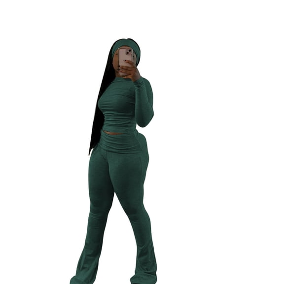 Women’s Solid Color Stretch Two-Piece Set, Sexy Slim-Fit Long Sleeve Top and Matching High-Stretch Pants with Head Scarf, Bodycon Lounge Outfit for Daily Wear & Night Out