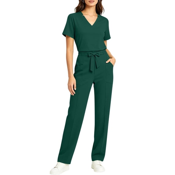 Women's Solid Color Stretchy Flare Scrub Set V-Neck Short Sleeve Top With Tie Waist Straight Pants Soft Breathable Fabric For Hospital Workplace Daily Wear Army Green XL