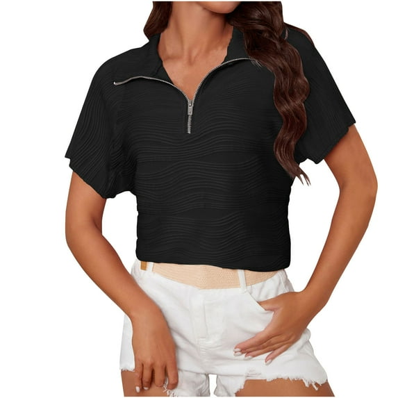 Women's Solid Color Stripe Casual Zipper-Neck Short Sleeved Top, Stand Up Collar Short Sleeve Shirt, Stylish V-Neck Casual Blouse, Comfortable and Breathable Top for Daily Wear, Trendy Women's Shirt