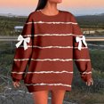 thumbnail image 1 of Women's Solid Color Striped Print Sweatshirt, Elbow Bow Detail Pullover, Thin Line Pattern Top, Long Sleeve Casual Blouse, Decorative Bow Accent Shirt Wine XXXL, 1 of 6