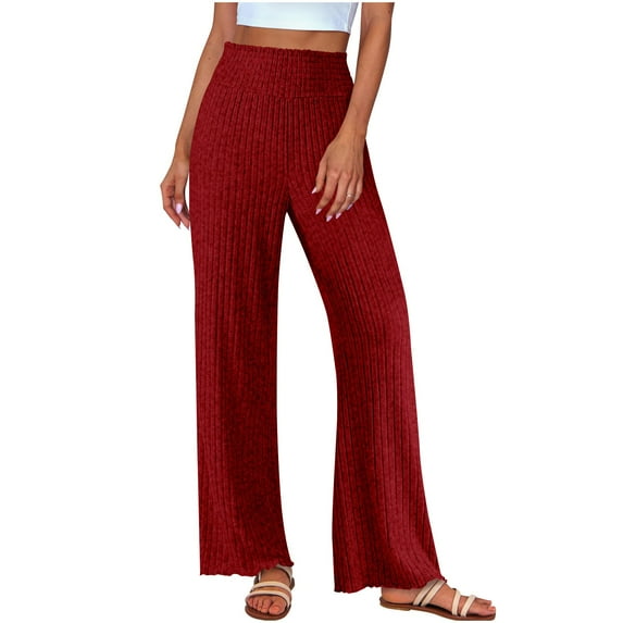Women's Solid Color Striped Ribbed Knit Pants, Elastic Waist Wide Leg Trousers with Casual Comfort Fit, Loose Long Pull-On Pants for Daily Wear and Versatile Occasions Red