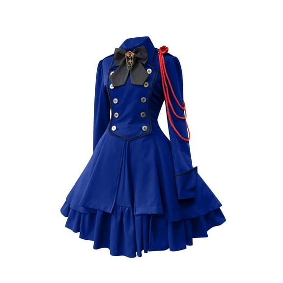 ZQUUVOU Women's Solid Color Style Halloween Long Sleeved Ruffled Hem Big Dress Blue